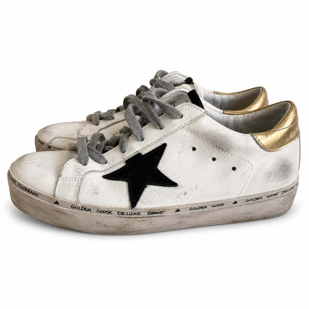 Golden Goose Hi Star Platform Sneakers White Leather Black Star Gold Heel